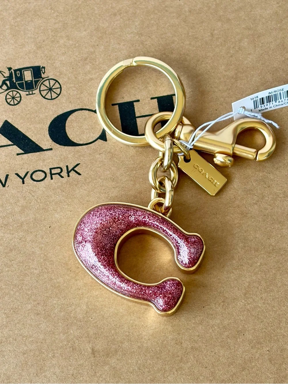 Coach Pink Glitter C Key Fob Bag Charm with Gold Hardware